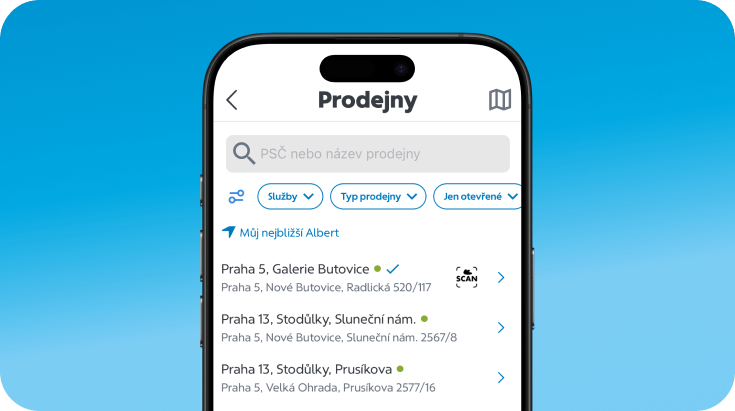 Zvolení prodejny v aplikaci Můj Albert