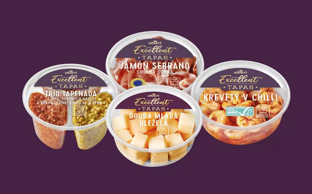 Krevety s chilli a citronem, sušená šunka Jamón serrano, uleželá krájená Gouda a trio tapenáda
