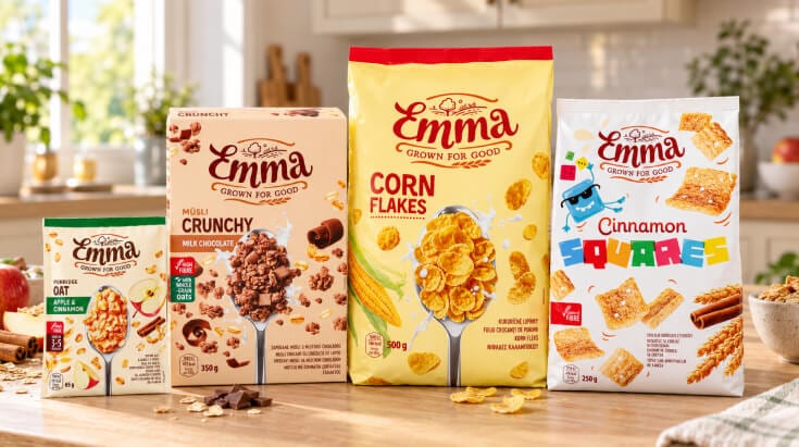 Müsli, kukuřičné lupínky, skořicové cereálie a ovesná kaše Emma.