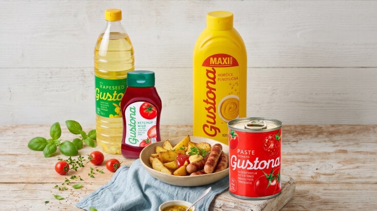 Řepkový olej, kečup, hořčice a rajčatový protlak Gustona.