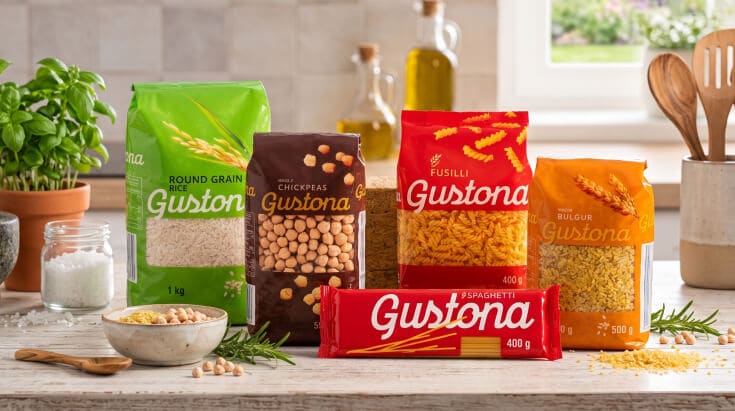 Rýže, cizrna, těstoviny a bulgur Gustona.