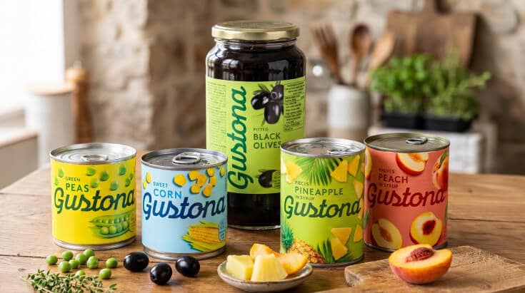Konzervovaný hrášek, kukuřice, olivy, ananas a broskve Gustona.