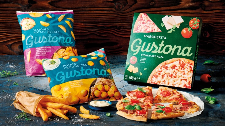 Mražené bramborové měsíčky, krokety a pizza Margherita Gustona.