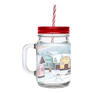 Sklenice Mason s víčkem a brčkem, motiv vesnička