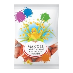 Mandle v bílé čokoládě s malinovým práškem