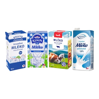 Mléko polotučné 1,5% trvanlivé, různé druhy