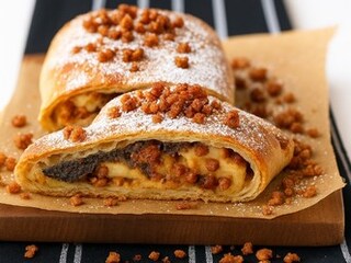 Jablkový štrúdl s makovým krémem a karamelizovanými ořechy