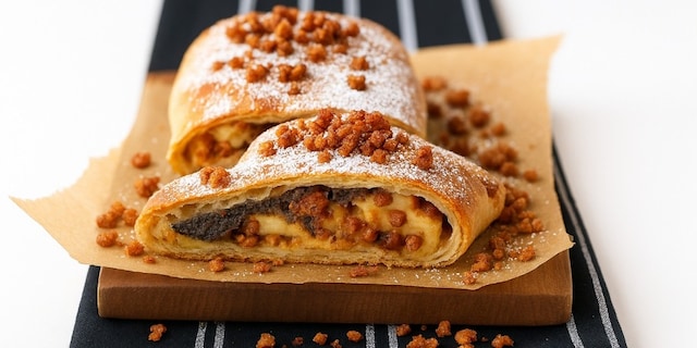 Jablkový štrúdl s makovým krémem a karamelizovanými ořechy