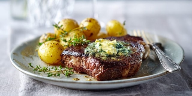 STEAK S BYLINKOVÝM MÁSLEM a opečenými brambůrky