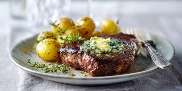 STEAK S BYLINKOVÝM MÁSLEM a opečenými brambůrky