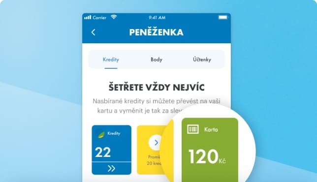 obrazovka telefonu s peněženkou v aplikaci