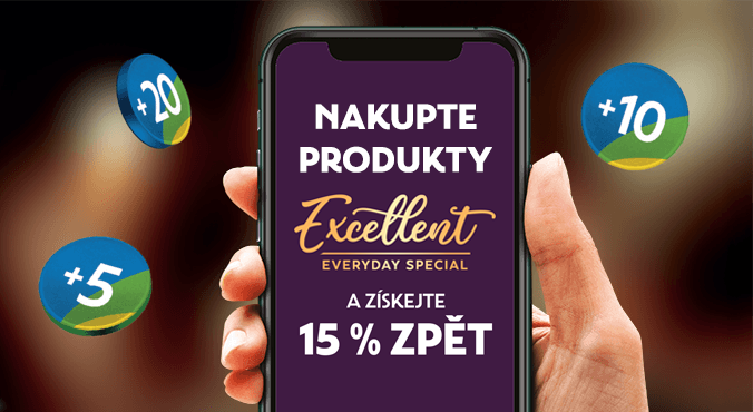 Ruka držící mobil s nápisem Nakupte produkty Excellent a získejte 15 % zpět